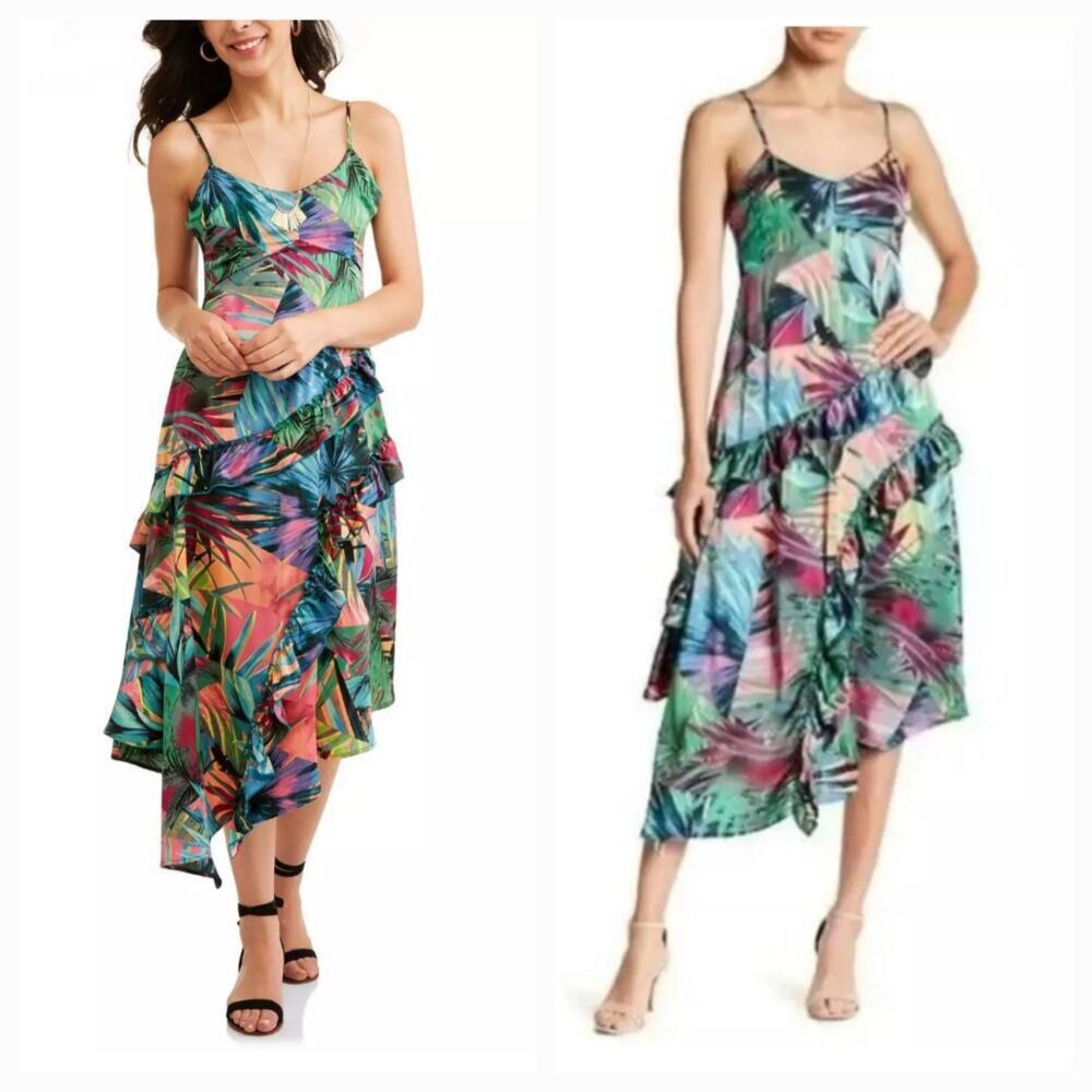 Women’s Tropical Ruffle Asymmetrical Midi Dress M Babydoll Fairycore Resort Wear